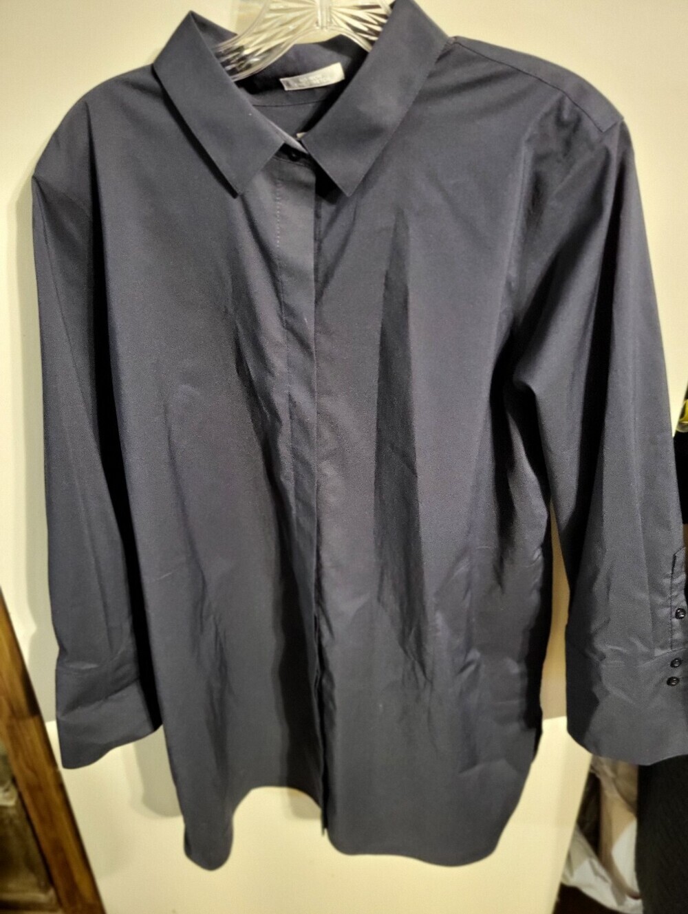 CHICOS EASY NO IRON BUTTON DOWN TUNIC TOP BLOUSE NAVY BLUE SZ XL